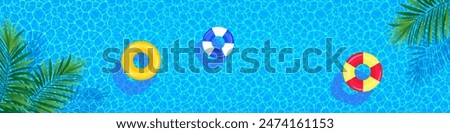 Swimming pool vector illustration. Summer party banner with swim rings, float, aquatic texture and palms leaves. Holidays, travel and vacation card for spa, aqua centers designs and advertising.