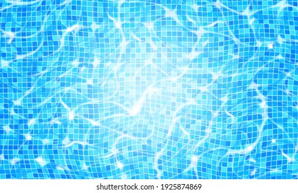 Swimming pool water background with caustic ripple and sunlight glare effect. Aquatic surface with waves backdrop. Vector illustration of underwater bottom texture, top view