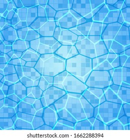 Swimming pool water caustics ripple with sunlight reflections vector illustration. Clean blue water shimmering ripple surface wavy texture. Swimming pool with mosaic tile bottom top view background.