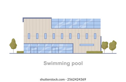 Swimming pool for water leisure activities. Vector flat cartoon style, isolated sports center for healthy lifestyle and wellbeing. Exterior of municipal building, city complex for citizens