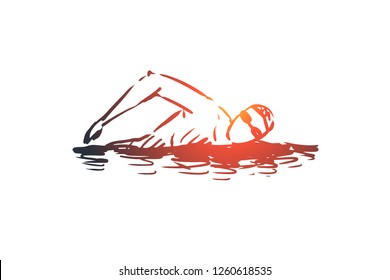 Swimming, pool, water, man, activity concept. Hand drawn man swim in pool with glasses concept sketch. Isolated vector illustration.