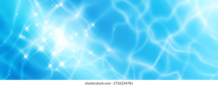 Textura de la superficie del agua de la piscina con ondas ondulantes y reflejos brillantes. Patrón azul del océano con el brillo realista de la luz del sol, efecto submarino brillante y vibraciones del verano para el fondo del agua