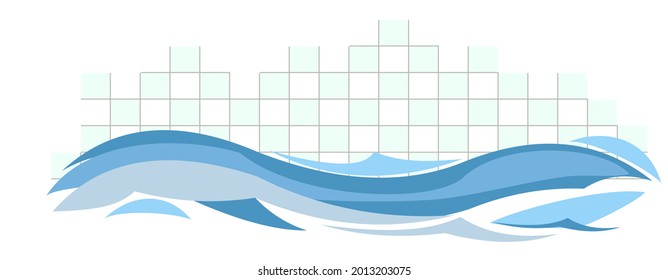 Piscina con olas acuáticas. Pared con azulejos. Para el baño, el submarinismo y los deportes náuticos. Aislado sobre fondo blanco. Ilustración al estilo de las caricaturas. Diseño plano. Arte vectorial