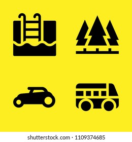 swimming pool, wide rear wheel car, bus and forest vector icon set. Sample icons set for web and graphic design