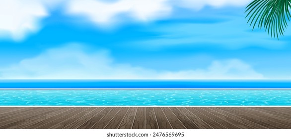 swimming pool  wooden deck ocean view tropical resort poolside summer vacation vector illustration