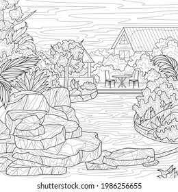 Swimming pool in the yard.Coloring book antistress for children and adults. Illustration isolated on white background.Zen-tangle style. Hand draw