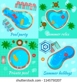 Swimming pools with accessories for various destination top view flat design concept isolated vector illustration