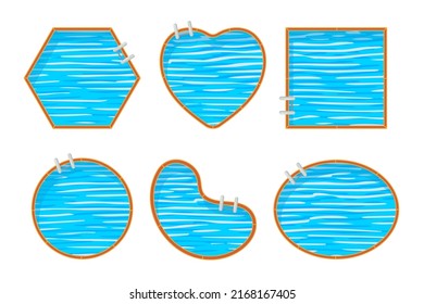 Swimming pools of different shapes vector illustrations set. Top view of swimming pools with water and staircase for plan isolated on white background. Vacation, summer, recreation, sports concept