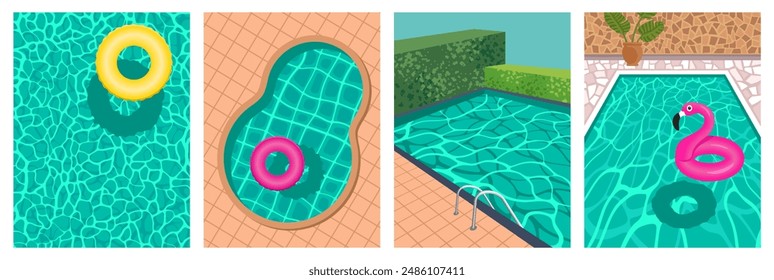 Swimming pools landscape poster set. Vector summertime backgrounds. Swimming pool rippled water with inflatable rings. 