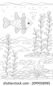 swimming pretty fish among seaweed for your coloring book