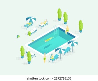 Swimming Public Pool Summer Leisure Concept 3D Isometric View Include of Swimmer Beach Chair and Umbrella. Vector illustration