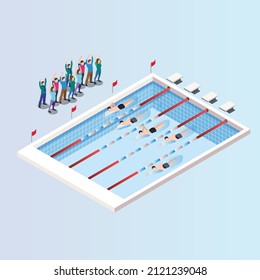 Swimming race 3D isometric vector concept for banner, website, illustration, landing page, flyer, etc