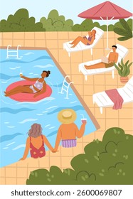 Swimming and relaxing by water, pool and rest for male and female characters. Vector personages laying on chaiselong, sunbathing on inflatable circle, drinking cocktails and enjoying summer vacations