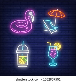 Swimming ring, chaise longue and drinks neon signs set. Vacation, summer and tourism design. Night bright neon sign, colorful billboard, light banner. Vector illustration in neon style.