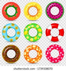 Swimming ring colorful rubber toy realistic icons. Summer, water and beach theme, Lifebuoy flat vector set.  Swim ring colorful rubber toy realistic icons.