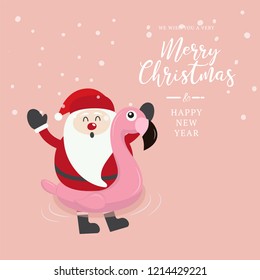 swimming ring flamingo with santa on christmas background.