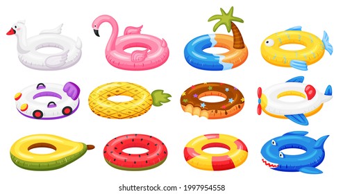 Swimming ring. Inflatable pool accessories, floating rubber toys watermelon, pineapple, donut, flamingo. Cartoon summer swim ring vector set. Rescuing bright elements for party pool