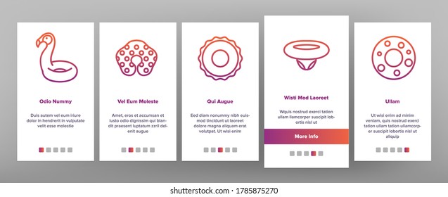 Swimming Ring And Pool Mattress Onboarding Mobile App Page Screen Vector. Swimming Ring In Different Form, Duck And Donut, Heart And Shell, Horse And Flamingo Illustrations