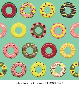 Swimming ring seamless pattern. Rubber circles for sea or ocean resting or relax. Colorful inflatable pool toys. Vector illustration.