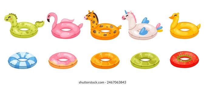 Swimming ring set. Summer pool rubber rings. Donuts, flamingo, unicorn, vector illustration. On white background