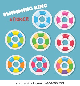 Swimming ring sticker vector set in cartoon style. Inflatable float, inflatable pool float clipart. Water lifebuoy. Summer element. Hello summer concept.  Flat vector isolated on white background.