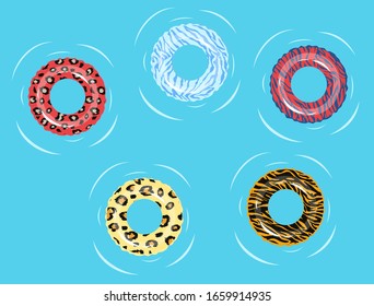 Swimming ring. Summer in swimming pool or blue sea water floating tube ring with zebra and leopard, tiger and giraffe prints pink, yellow and blue. Vector illustration