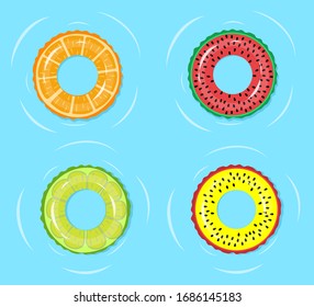 Swimming ring. Summer time relaxing, swimming pool or blue sea water on fashion floating tube ring with fruit: watermelon, orange, lime prints vector illustration