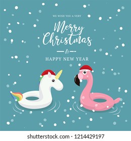 swimming ring unicorn and flamingo with christmas background.