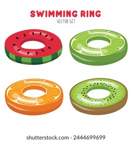 Swimming ring vector with fruit pattern.  Inflatable float, inflatable pool float clipart. Water lifebuoy. Summer element. Hello summer concept.  Cartoon flat vector isolated on white background.