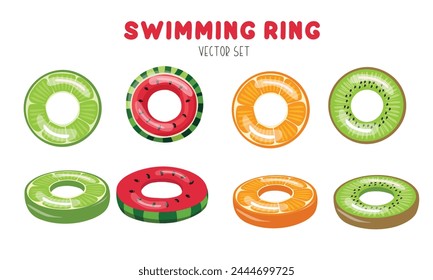 Swimming ring vector with fruit pattern.  Inflatable float, inflatable pool float clipart. Water lifebuoy. Summer element. Hello summer concept.  Cartoon flat vector isolated on white background.