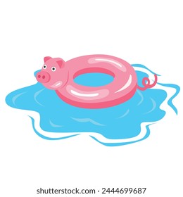 Swimming ring vector in pig shape. Inflatable float, inflatable pool float clipart. Water lifebuoy. Summer element. Hello summer concept.  Cartoon flat vector isolated on white background.