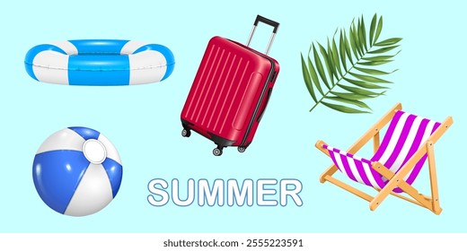 swimming ring,beach ball, travel luggage,beach chair and palm leaves isolated on the light blue background.summer vacation object realistic 3D vector illustration template.