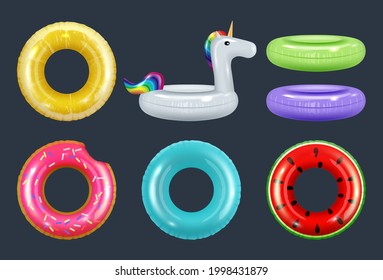 Swimming rings. Colored inflatable safety rubber donut equipment for water vacation summer attractions symbols decent vector realistic collection