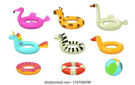 Swimming rings flat icon set. Cartoon rubber floating lifesaver in form of donuts, flamingo, duck or animal isolated vector illustration collection. Summer, water and swimming pool concept