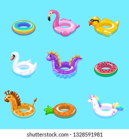 Swimming rings. Inflatable float buoy kid toys float ring lifebuoy rescue belt duck beach pool swim summer vacation cartoon vector set