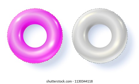 Swimming rings isolated on white, top view. White and pink inflatable circles for swimming, flat lay. Vector icons with shadow, template for your summertime design, cover, posters