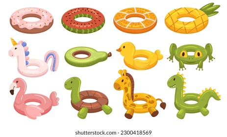 Swimming Rings Set. Colorful And Inflatable Rings Ideal For Water Activities And Pool Games. Lightweight, Made Of Durable Materials To Ensure Safety And Enjoyment. Cartoon Vector Illustration