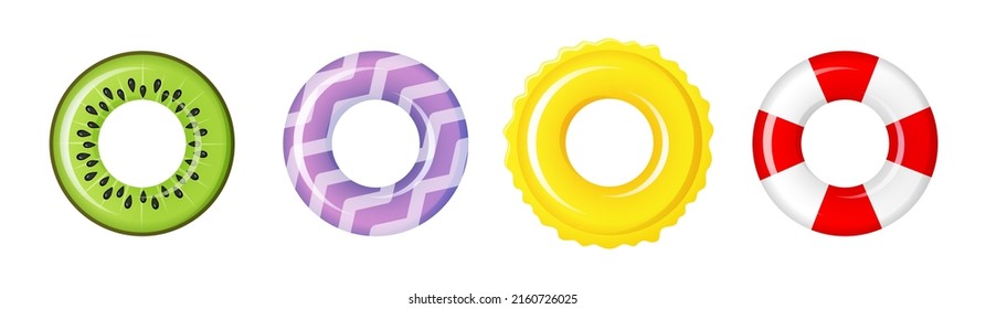 Swimming rings set for summer party . Inflatable rubber toy colorful collection. Kiwi, waves. Top view swimming circle for ocean, sea, pool. Lifebyou swimming rings. Summer vacation or trip safety 