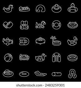 Swimming rings, white line icons. Rubber rings, air mattresses, swimming arm bands, and boats. Ideal for summer and water activities themes. Symbols on black background. Editable stroke.