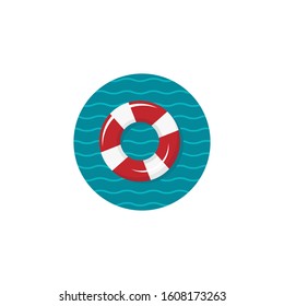 swimming rubber ring in blue circle with waves. icon isolated on white background. Floating lifebuoy, toy for beach or ship. Inflatable circle, buoy in pool. Lifebelt. Summer sea vacation symbol.