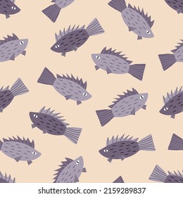 Swimming ruff fish hand drawn vector illustration. Funny underwater animal in flat style. Seamless pattern for kids fabric.
