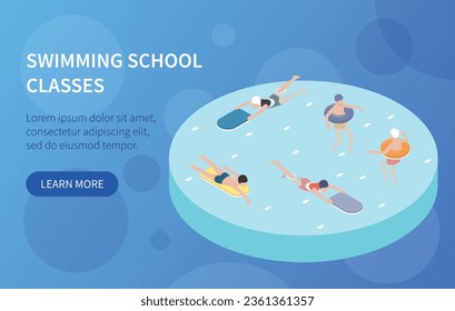 Swimming school classes isometric background with children swimming in pool with kickboards and rings vector illustration