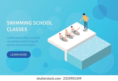 Swimming school classes isometric banner with children doing preparation exercises before pool vector illustration