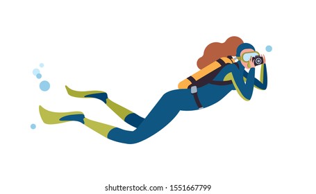 Swimming scuba diver flat vector illustration. Female diver with camera cartoon character. Woman taking pictures, photographing sea abyss. Underwater photographer isolated on white background.