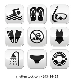 Swimming, scuba diving, sport vector buttons set