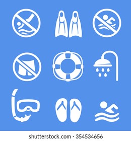 Swimming, scuba diving, sport vector white icons set