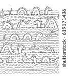 Swimming sea dragons and ships. Vector illustration. The swell on the sea. Border ornament. Seamless abstract pattern.