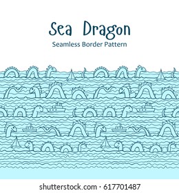  Swimming sea dragons and ships. Vector illustration. The swell on the sea.  Border ornament. Seamless abstract pattern.