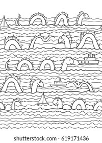 Swimming sea dragons and ships. Vector illustration. The swell on the sea. Border ornament. Seamless abstract pattern.