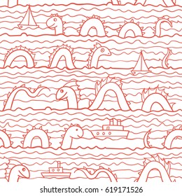 Swimming sea dragons and ships. Vector illustration. The swell on the sea. Seamless abstract pattern.